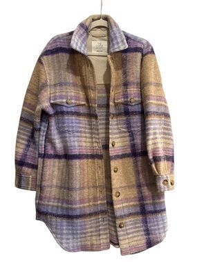 Wilfred Free Aritzia Ganna Jacket Wool Plaid Shacket – Purple Beige – Size S